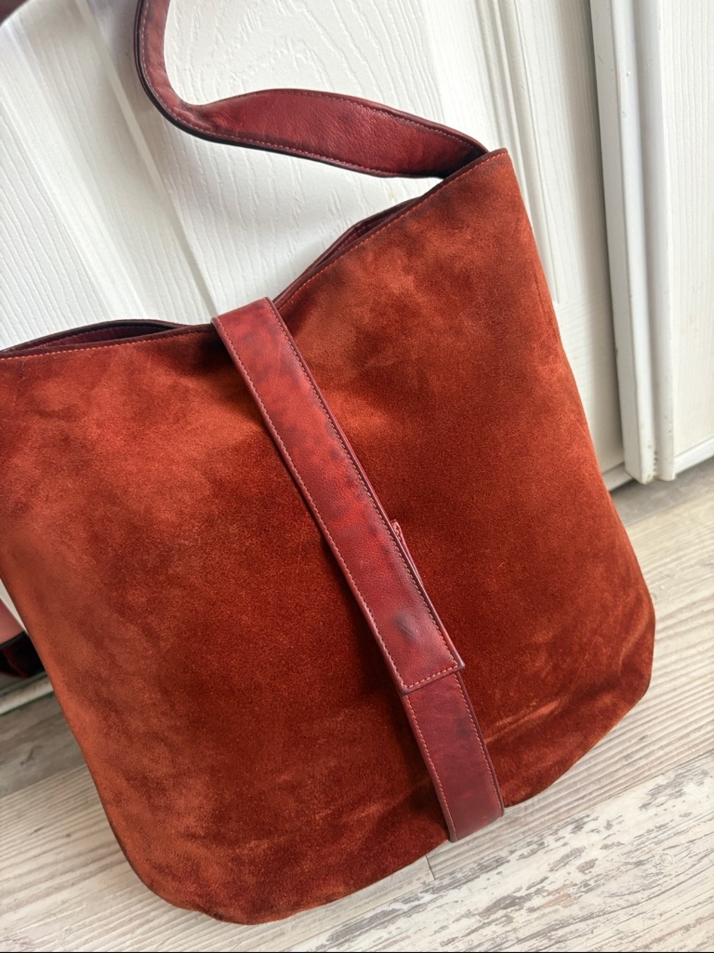 Vtg. Susan Gail Brown Genuine Leather natural suture bag - Picture 2 of 8